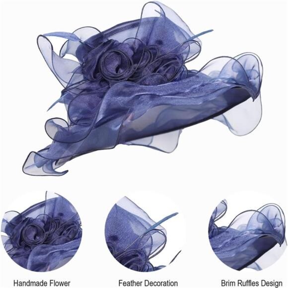 Women Sun Hat Church Wide Brim Blue - Picture 6 of 7